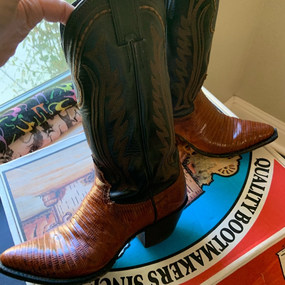 Vintage Lizard skin Justin Cowboy boots women’s 6B Pecan and Black Boots